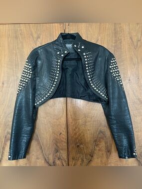 Black Studded Cropped Leather Jacket - Women